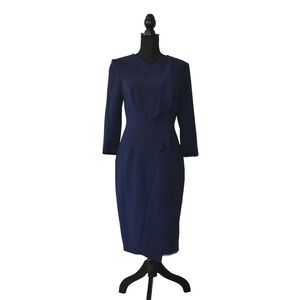 B0 NWT KAREN MILLEN Navy Cascading Frills Tailored Pencil Dress Size US10 $399